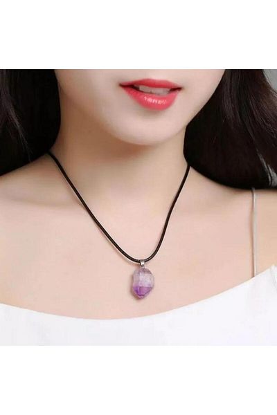 Takı Dükkanı Unprocessed Amethyst Natural Stone Necklace with Rope Chain Bbk41