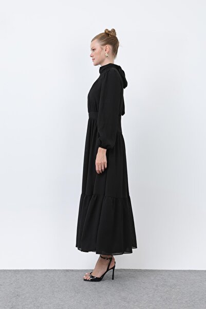 Puane Kadın Drape Detaylı Yüksek Yaka Elbise - 12613ELB - Siyah