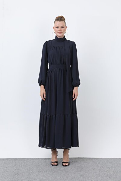 Puane Γυναικείο φόρεμα με λεπτομέρεια με ψηλό γιακά - 12613ELB - Μπλε ναυτικό