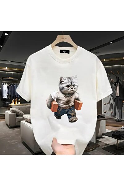 LAND MODA Tricou din bumbac cu imprimeu Fun Cat & Brick pentru bărbați - Gule...