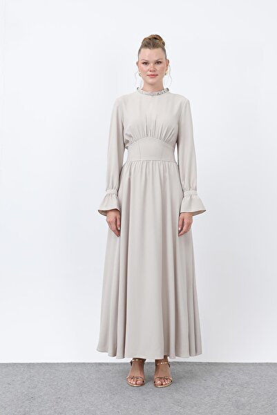 Puane Γυναικείο φόρεμα με κορσάζ στη μέση και λεπτομέρεια στο λαιμό -12614ELB - Μπεζ