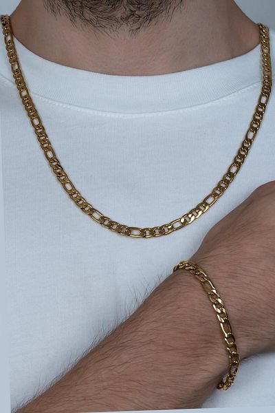 Takı Dükkanı Gold Figaro 3e1 Steel Men's Bracelet and Necklace Chain Set Ack06srs