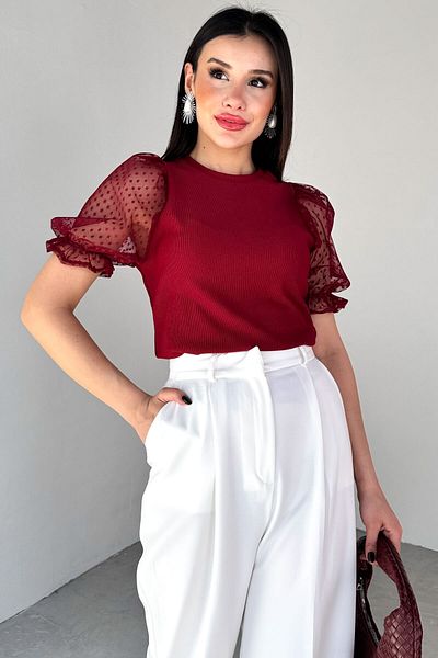 Cappmoda BLZ-06281 Μπλούζα με λεπτομέρεια με μανίκια με ελαστικό μπαλόνι με δαντέλα
