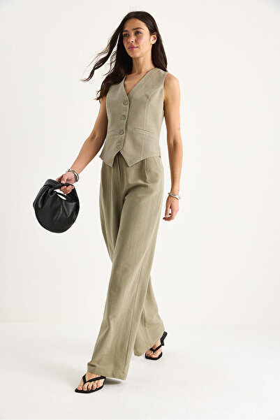 Bianco Lucci Γυναικείο λινό γιλέκο με ψηλόμεσο παντελόνι κάτω-πάνω κοστούμι 9257 60281047