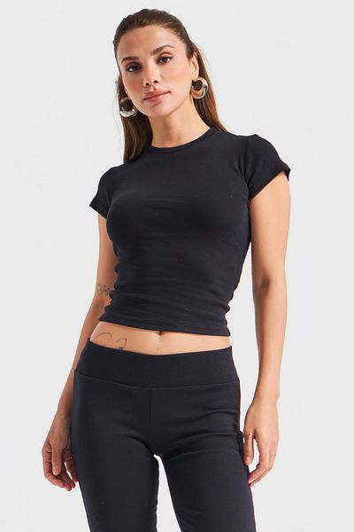 its basic Women's Black Color S5-1 Super Flexible Fabric 100% Cotton Crew Neck Basic Body