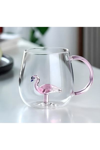 Herum Set 4 cani cu pereti dubli, figurina flamingo, din sticla, pentru cafea, ceai, Transparent, 380 ml
