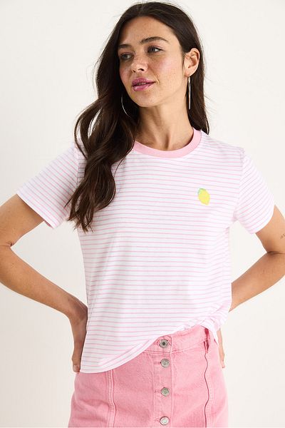 Bianco Lucci Women's Lemon Embroidered Striped Cotton Basic T-Shirt 3369 60283387