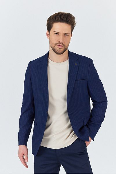 Frappoli Dario Ανδρικό ριγέ Navy Blue Πολυεστερικό ύφασμα μονό γιακά Sports Slim Fit Slim Fit Blazer Jacket