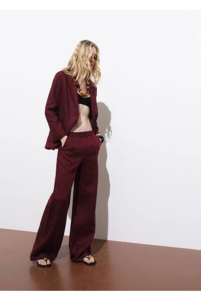 MANGO Woman Keten kumaşlı, püsküllü detaylara sahip blazer takım elbise