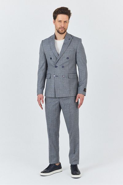 Frappoli Reggina Men's Navy Blue-Grey Self Patterned 4-Season Slim Fit Double Breasted Suit