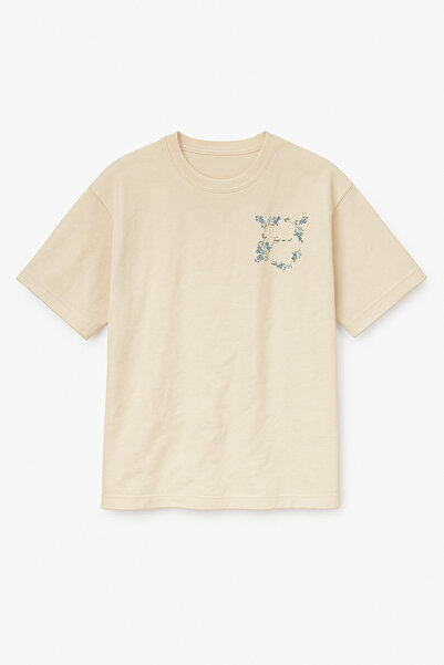 Altair Tr Beige Color Oversize Forget Me Not Blue Flower Printed Unisex T-Shi...