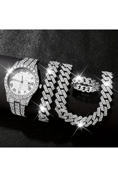 FM Shiny Quartz Silver Color Stylish Set - Complete Your Elegance with Glittering Watch and Bracelets