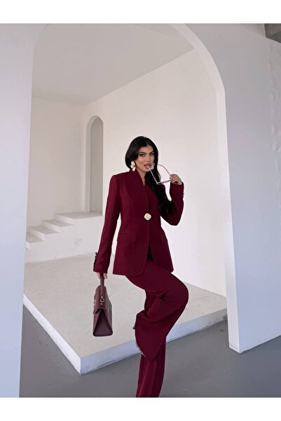 STMT BUTİK Kadın Altın Düğme Detaylı Blazer Ceket ve Pantolon Takım – Yeni Sezon