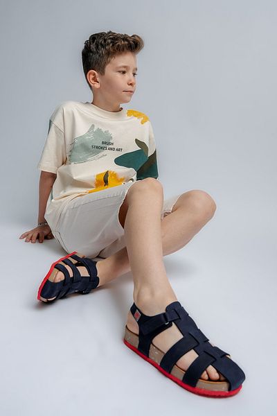 mnpc Unisex Children's Navy Blue Genuine Leather Cork Sole Daily Children's Sandals