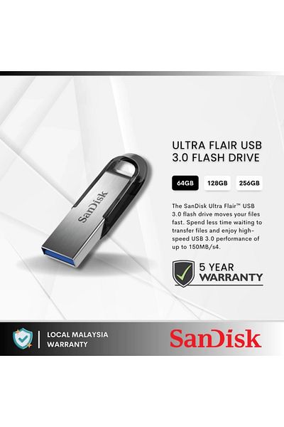 SanDisk Ultra Flair 64GB USB 3.0 Flash Drive – High-Speed Silver Pen Drive with Secure File Storage