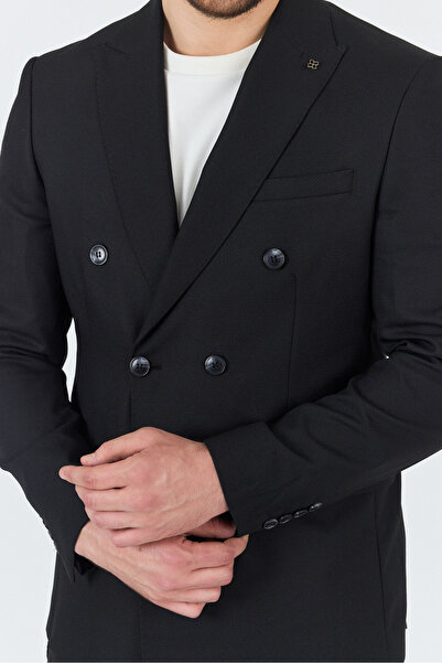 Frappoli Petek Men's Black Self-Patterned 4-Season Slim Fit Double Breasted Suit