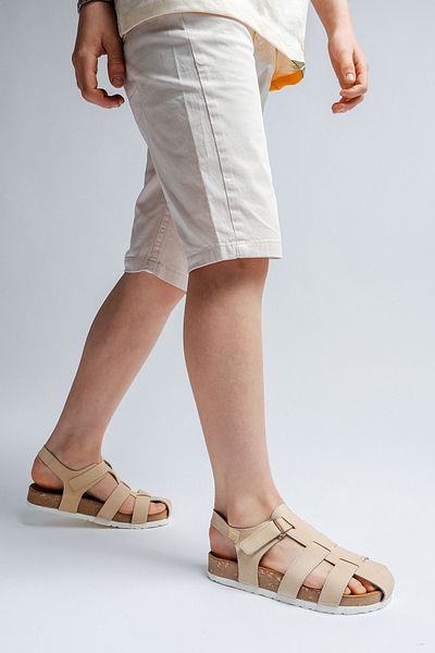 mnpc Unisex Children's Light Yellow Genuine Leather Cork Sole Daily Children's Sandals