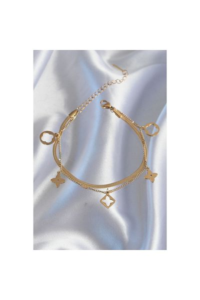 maarketim 316L Steel Gold Color Double Chain Clover Design Bracelet