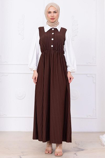 hafsamina Sleeve Garnish Striped Hijab Dress Brown Hm2740