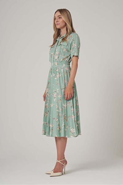 UTOPIAN V Yaka Desenli Midi Elbise