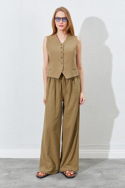 Manche Beli Lastikli Palazzo Keten Pantolon - Haki | Mks661940-01