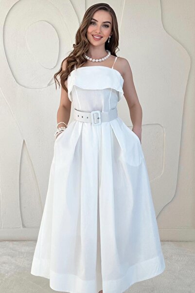 Elbee Fashion Woman Біле плаття з поясом і бретелями