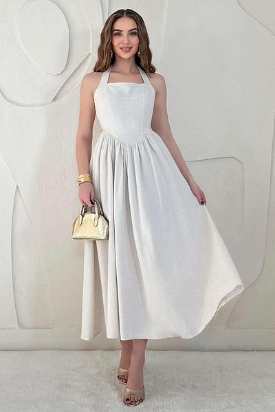 Elbee Fashion Woman Halter Linen Dress
