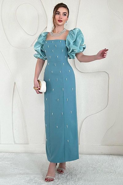 Elbee Fashion Woman Dress with Garnished Sleeves and Embroidery Detail