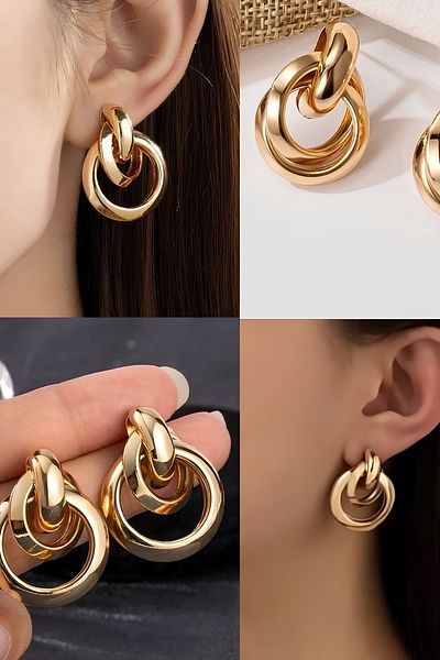 PREGIO Interlocking Round Model Gold Color Women's Hoop Earrings Kp24