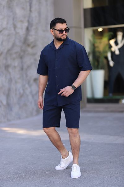 MYRAB DENİM Navy Blue Color Shirt Shorts Men's Linen Suit Oversize Fit