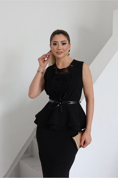 1Moda1Tarz Γυναικείο φόρεμα ειδικής σχεδίασης με εισαγόμενο υφασμάτινο αξεσουάρ, ζώνη και κεντημένη με πέτρα επένδυση
