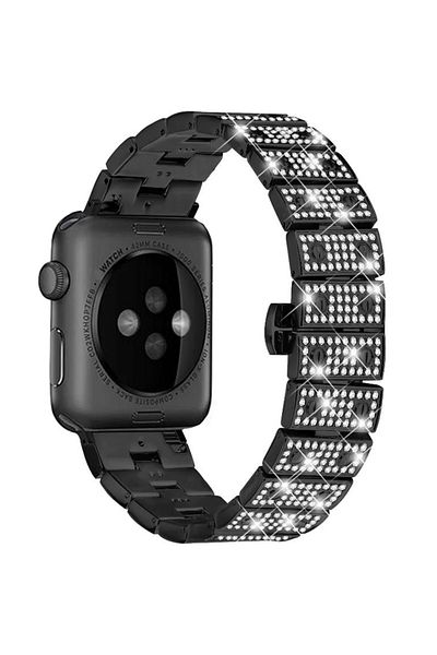 REDz Accessories Crystal Glam Strap For Apple Watch Design With Rhinestones, Metal Links, Black - 44/45/46/49 Mm