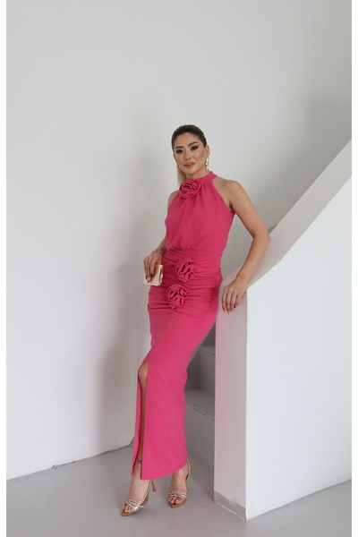 NSHIQ Kadın Gül Detaylı Yırtmaçlı Şık Elbise