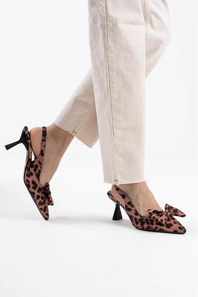 Griffa Women's Tan Leopard Fabric Bow Open Back Daily Casual Evening Dress Stiletto Heeled Shoes