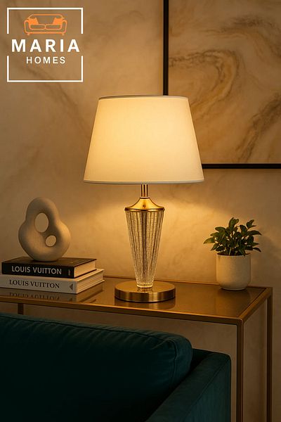 MARIA HOMES Elegant Crystal and Gold Table Lamp for Bedroom or Vanity Lighting Decor