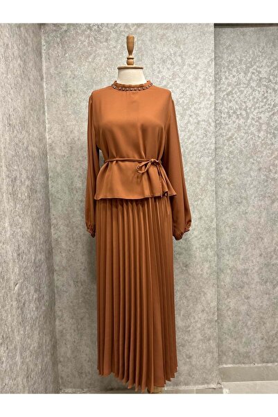 QETEN 25Y2975 TAKIM BLUZ ETEK PİLİSELİ YAKASI TAŞLI SOMON