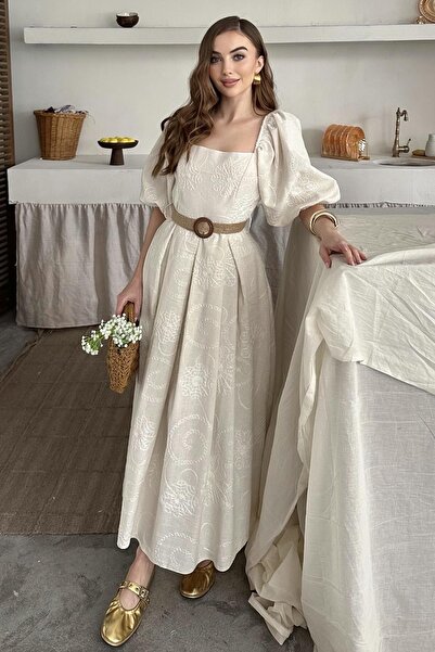 Elbee Fashion Woman Beige Balloon Sleeve Straw Belt Embroidered Dress