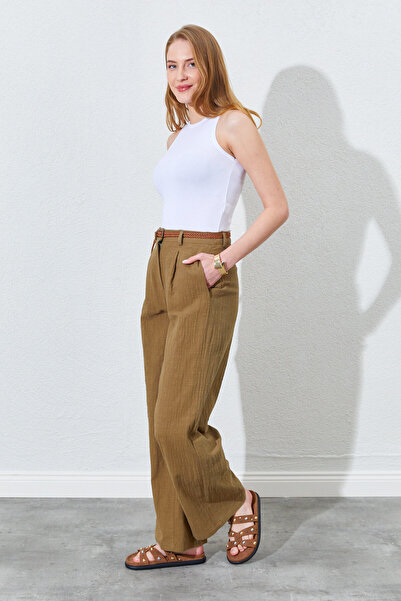 Manche بنطلون باليزوس كتان بحزام خصر رفيع - بني |   Mks661930-01