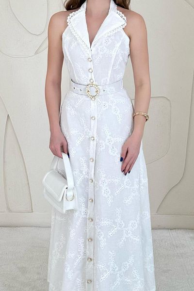 Elbee Fashion Woman Φόρεμα με μαργαριταρένια ζώνη με λεπτομέρειες
