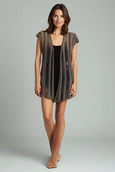 CAPELLA ÖRGÜ ATÖLYESİ Füme Gri Kaçık İlmek Desenli Örme Önü Açık Pareo Yelek – Kadın Yazlık Plaj Üstü