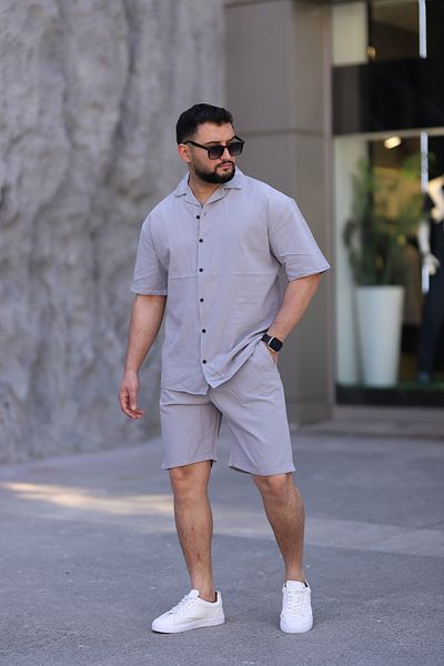MYRAB DENİM Gray Color Shirt Shorts Men's Linen Suit Oversize Fit