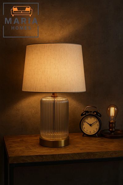 MARIA HOMES Ribbed Glass Table Lamp With Beige Shade And Gold Base For Elegant Night Lighting