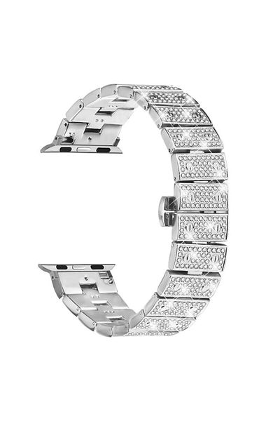 REDz Accessories Crystal Glam Strap For Apple Watch Design With Rhinestones, Metal Links, Silver - 38/40/41 Mm