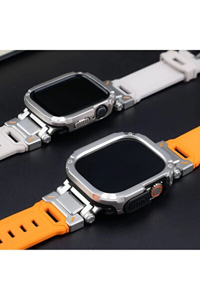 REDz Accessories Υβριδικό λουράκι Armor 2 σε 1 για Apple Watch, Πλήρης προστασία, σιλικόνη, πορτοκαλί και Starlight - 44 mm