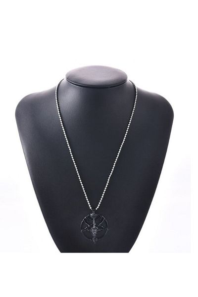 SYGGY Lant argintiu cu pandantiv negru Baphomet, pentagrama, 45 cm