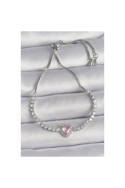 maarketim Brass Gold Color Waterway Zircon Stone Pink Zircon Stone Heart Elevator Model Charm Women's Bracelet