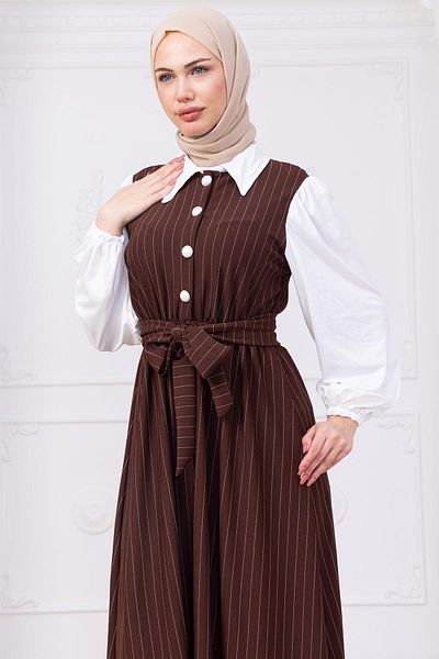 hafsamina Sleeve Garnish Striped Hijab Dress Brown Hm2740