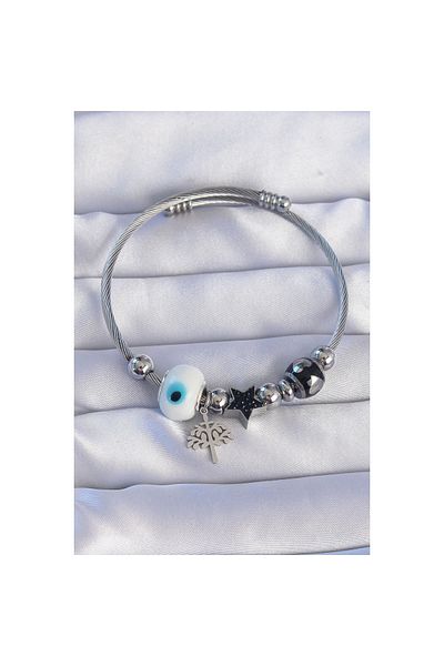 maarketim 316L Steel Silver Color Black Zircon Stone Star Design Tree Detail Evil Eye Charm Bracelet