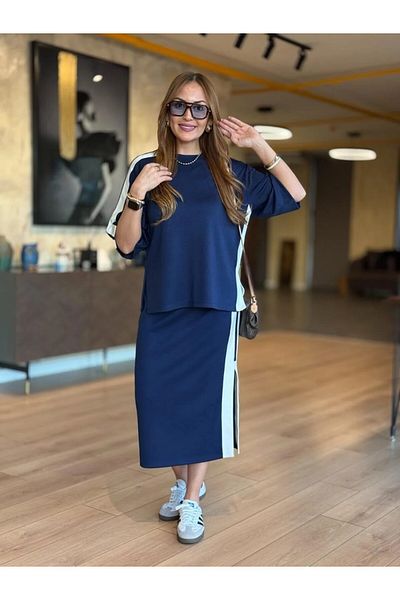 HARMONY GLOBAL Navy Blue and White Stripe Detailed Modal Fabric Skirt Suit – Relaxed Fit & Casual Elegance