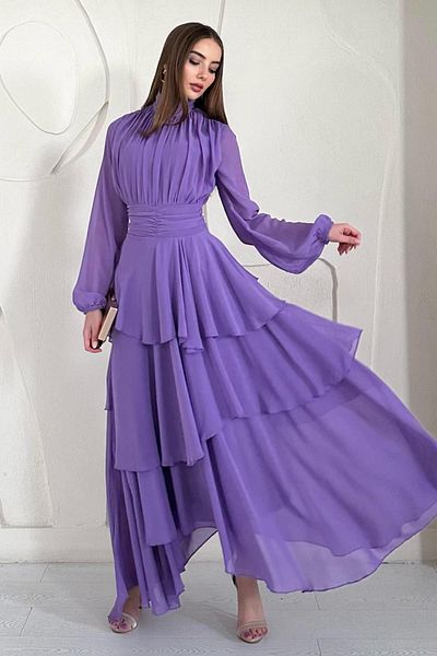 Elbee Fashion Woman Stand Collar Waist Detailed Dress